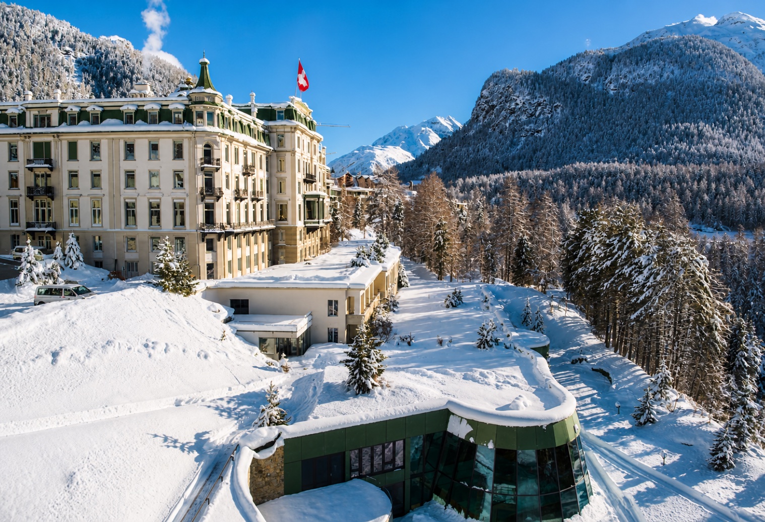Swiss Alpine hotel surrounded by snow